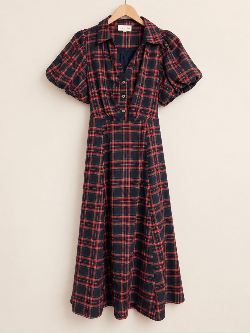 Entro Tartan Plaid Puff Sleeve Belted Maxi Dress Size Large